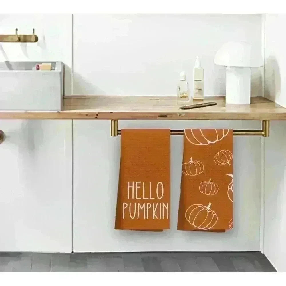 NEW! Hello Pumpkin Fall Kitchen Towels Set Bright Orange & White 16in x 24in